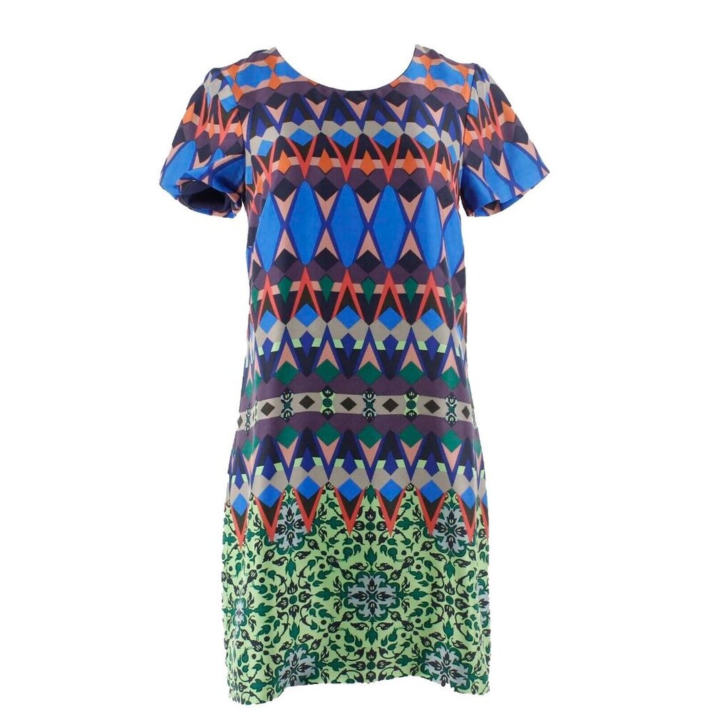 J Crew Sz 0 Navy Blue Multi Geometric Design Lined Silk Polyester Shift Dress